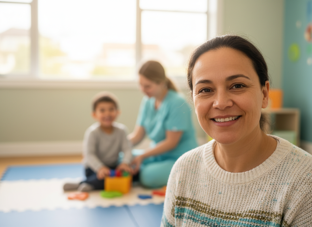 A supportive parent observing their child in therapy